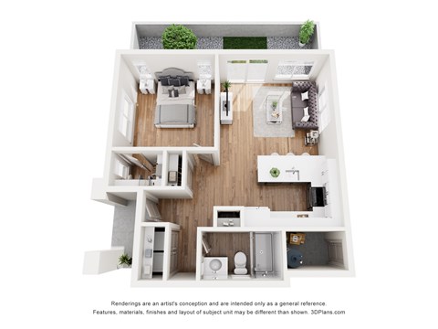 Floor plan for 1 bed, 1 bath, 677 sqft